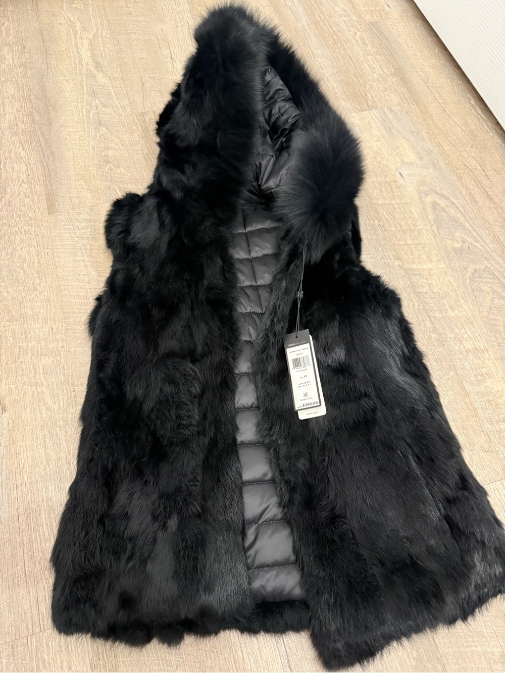 BCBGMaxAzria Becca Reversible Black Faux Fur Hooded Vest